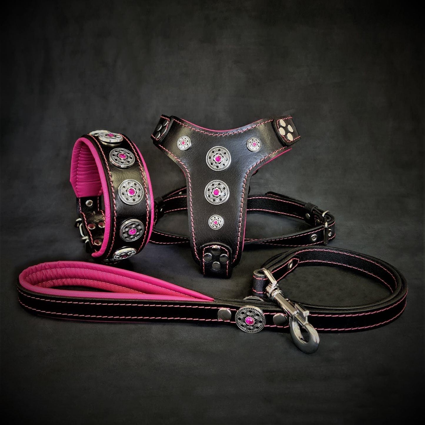 The ''Bijou'' SET - Collar, Harness, Leash. Pink-0