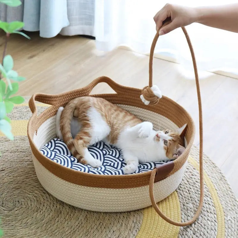 Cat Ear Shape Thickened Woven Cat Scratching Board Pet Bed - Khaki White-4