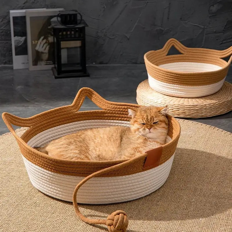 Cat Ear Shape Thickened Woven Cat Scratching Board Pet Bed - Khaki White-1