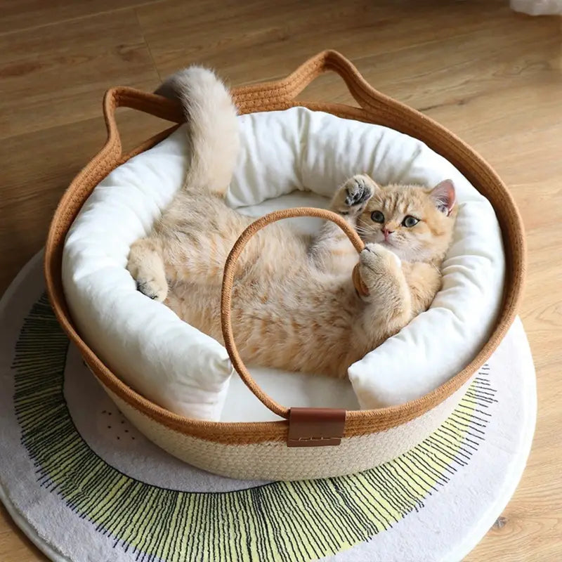 Cat Ear Shape Thickened Woven Cat Scratching Board Pet Bed - Khaki White-2