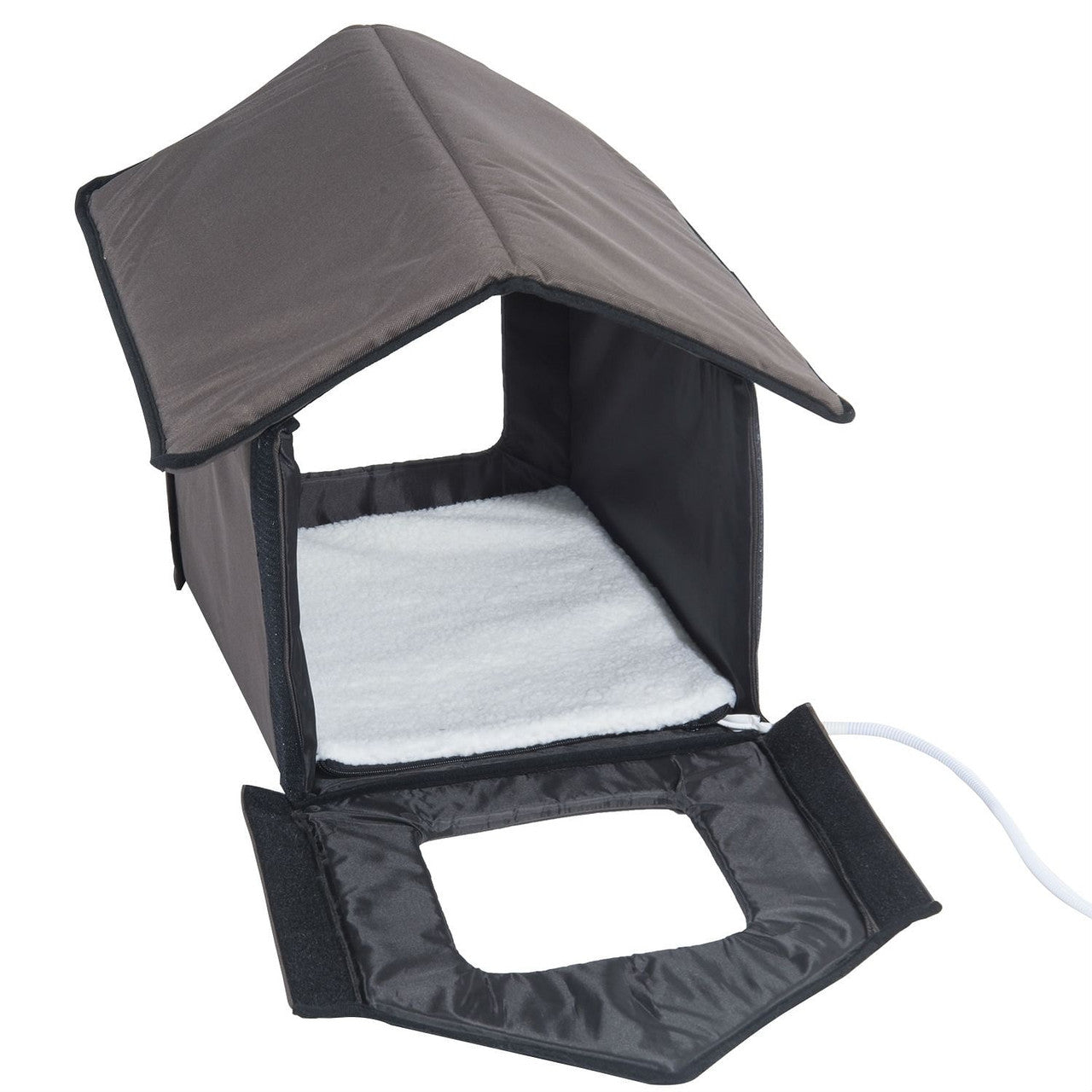 Heated Outdoor Cat House with Lamb Wool Padded Cats Bed in Brown-0