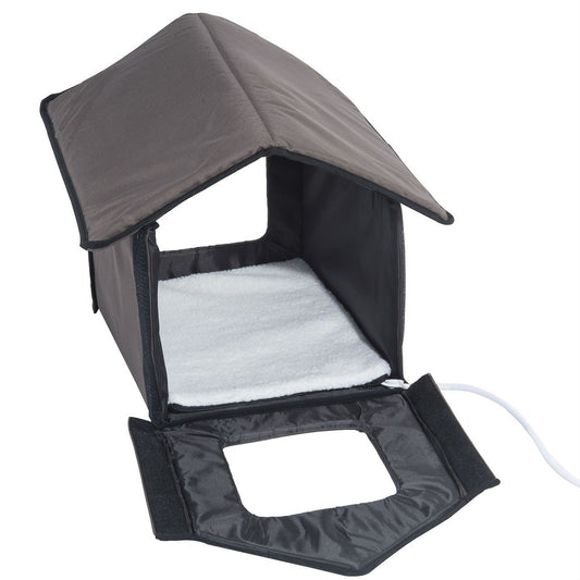 Heated Outdoor Cat House with Lamb Wool Padded Cats Bed in Brown-0