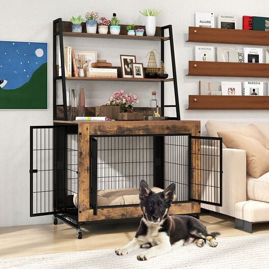 Industrial Dog Kennel Dog Crate Furniture with Storage Shelves-Rustic Brown-1