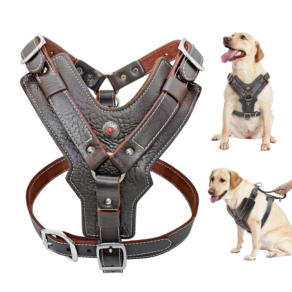 Durable Dog Harness Large Dogs Genuine Leather Harnesses Pet Training Vest With Quick Control Handle For Labrador Pitbull-0