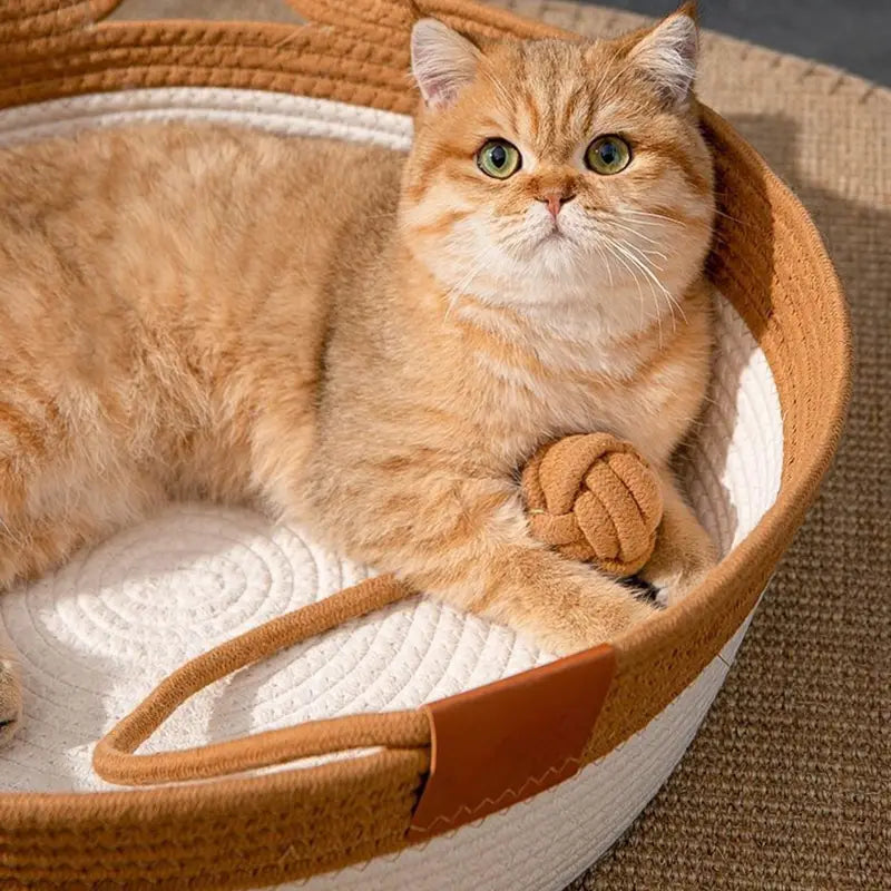 Cat Ear Shape Thickened Woven Cat Scratching Board Pet Bed - Khaki White-3